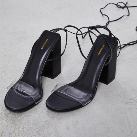 Pretty Little Thing Black Wide Fit Block Heel Ankle Tie Strappy Sandals NWOT - Picture 2 of 16